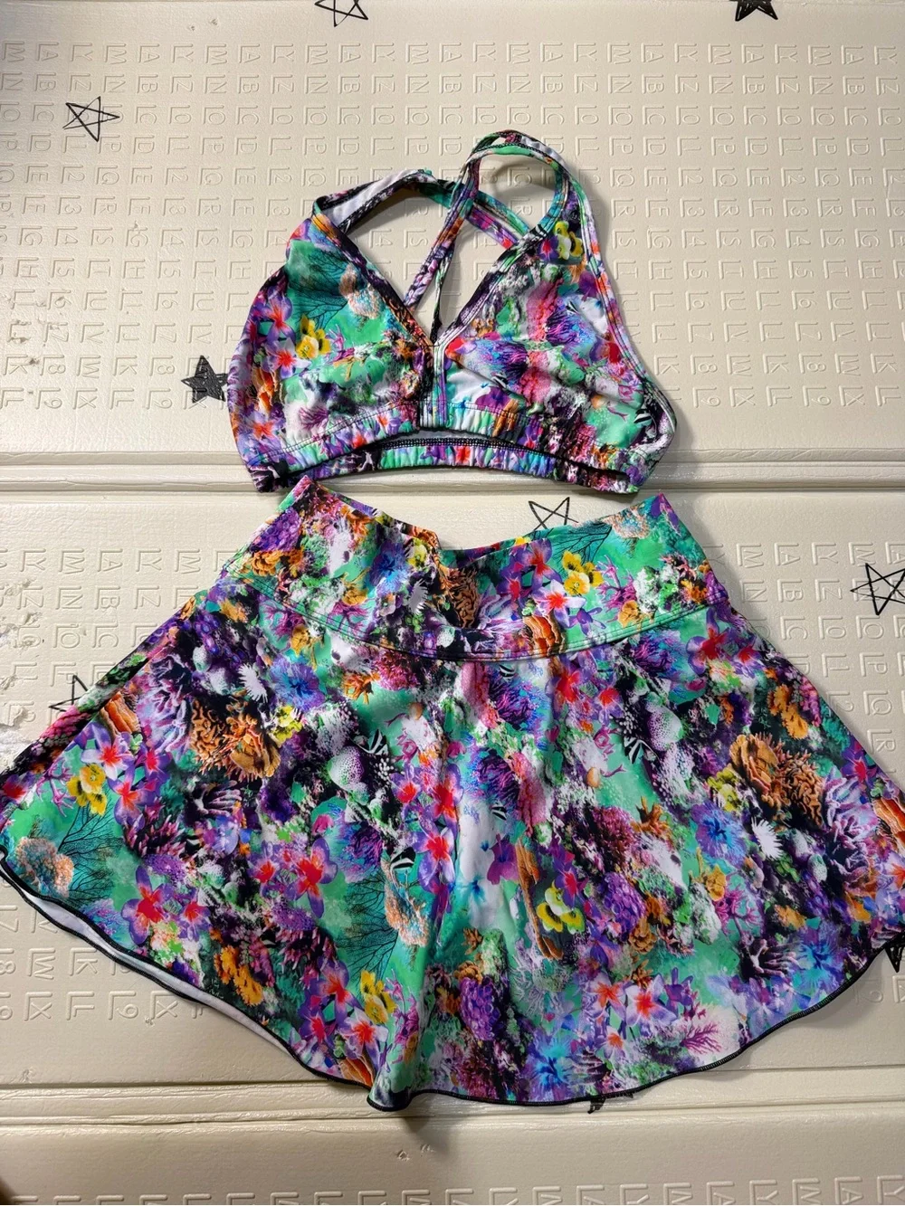 Floral Print Bralette and Skirt Set - Green Multi
